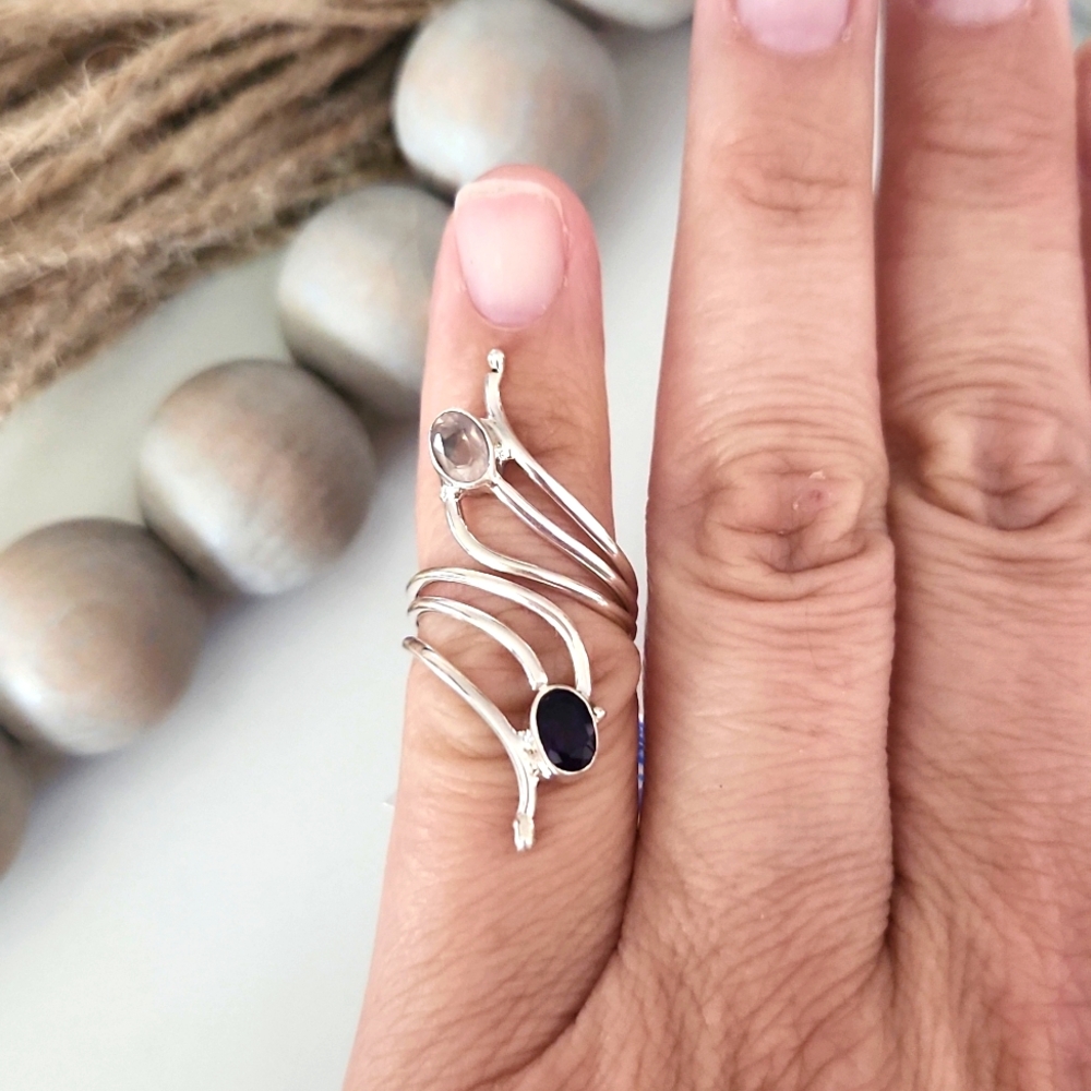 NEW Sterling Silver Double Gemstone Bypass Ring